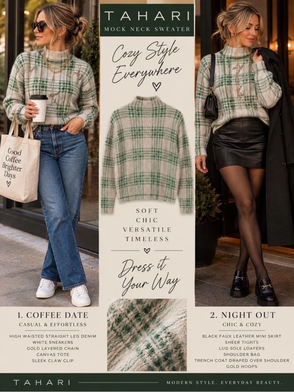 Tahari Cream & Green Plaid Fuzzy Eyelash Knit Sweater Size Small